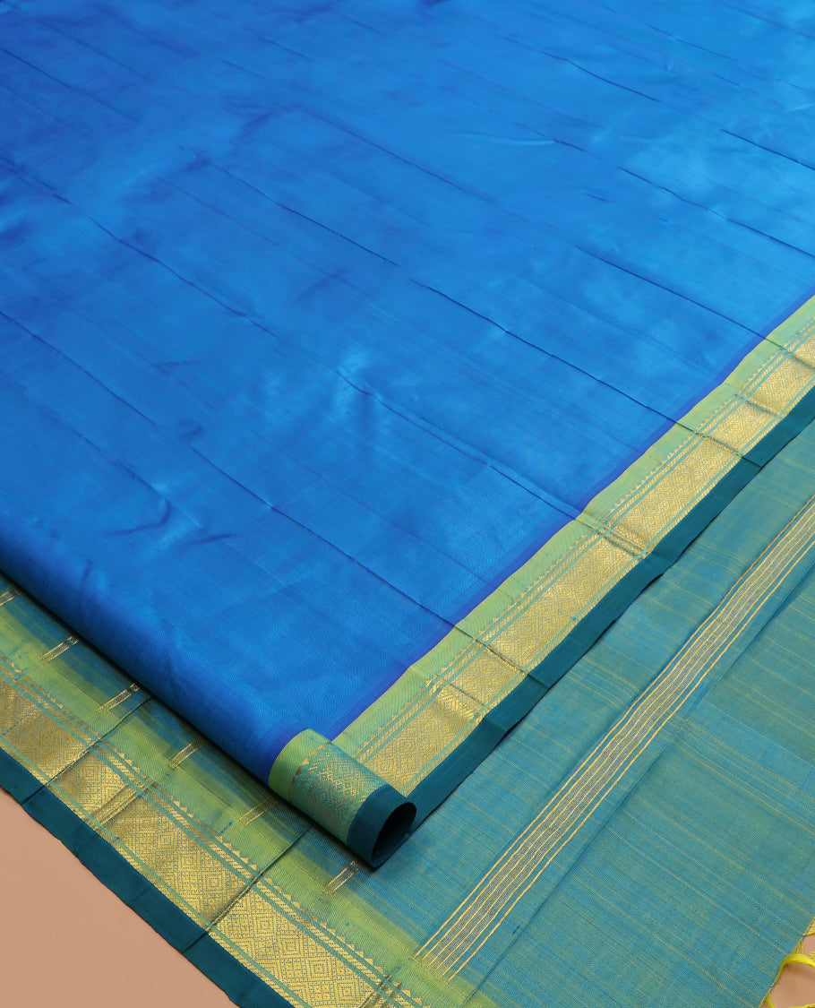 Blue Plain Kanchipuram Silk Saree, a Contrast One-Sided Border of Rekku, Banaras, and Jaal Designs, Zari Design Pallu, and No Blouse