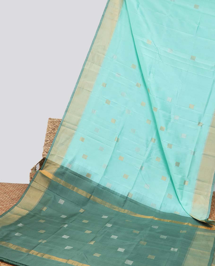 Blue geometric motifs upadda silk saree with contrast zari border & geometric zari design pallu