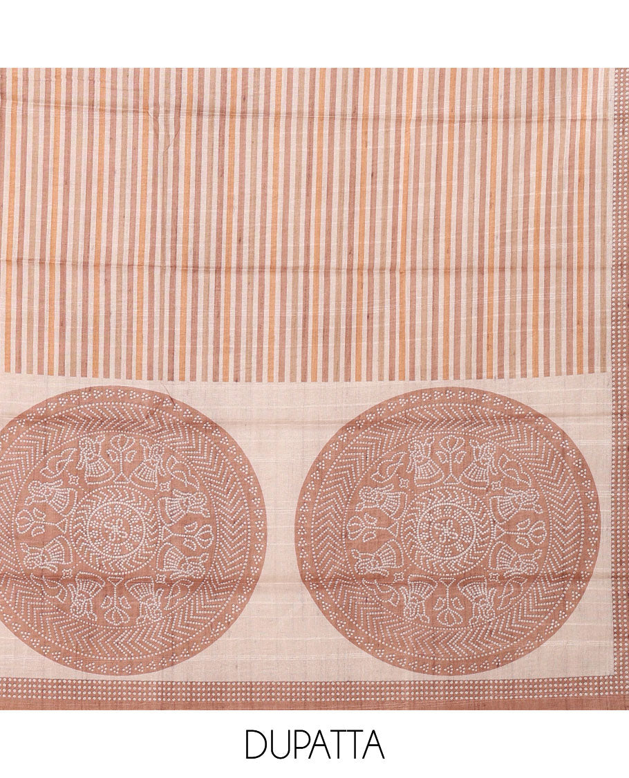 Mustard semi-tussar material chudidar set, stripes & bandhani-style dotted motifs printed top & dupatta with heathered bottom