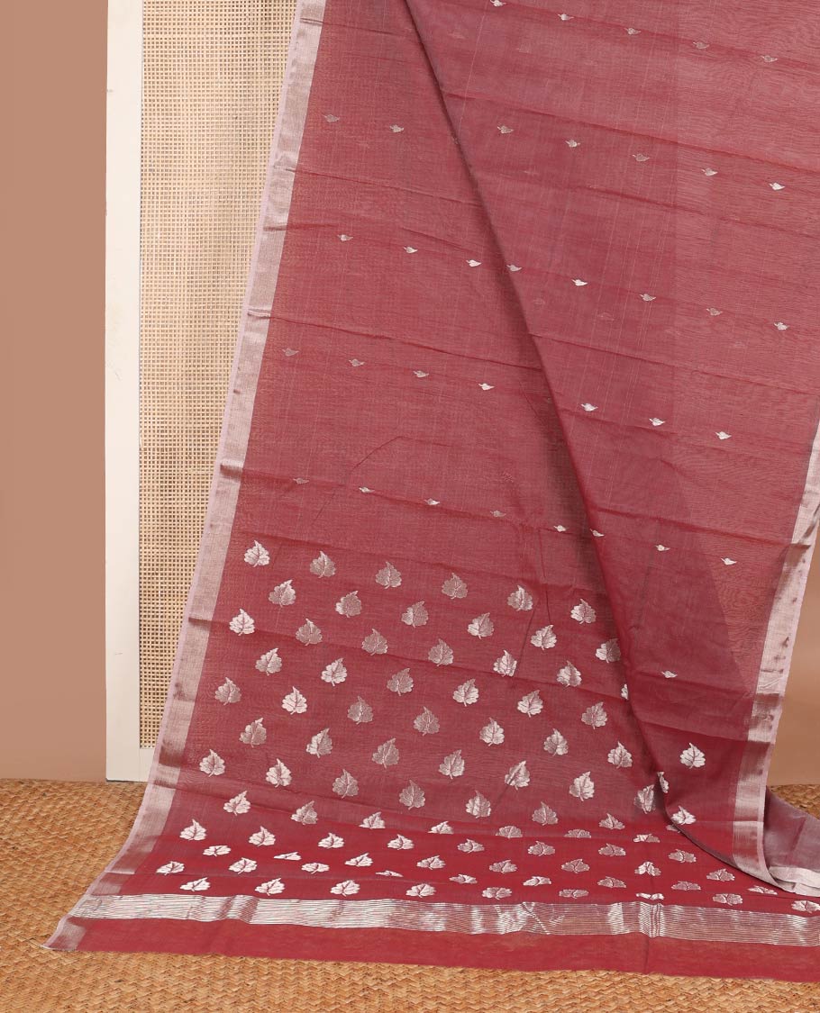 Maroon floral motifs chanderi cotton saree with contrast border & striped, floral design pallu