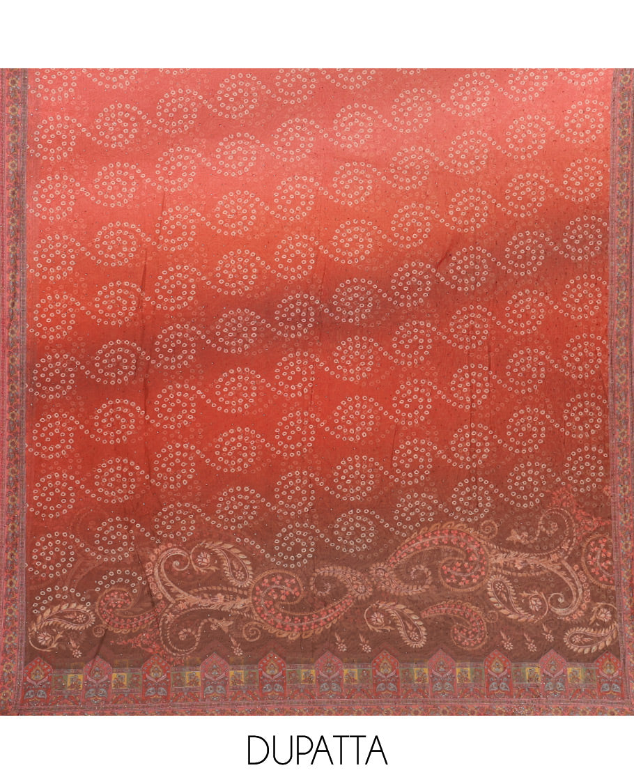 Brown ombre chudidar material set, intricately printed & Swarovski stone work V-neck organza top, bhandhani print & Swarovski stone work organza dupatta & plain santoon bottom