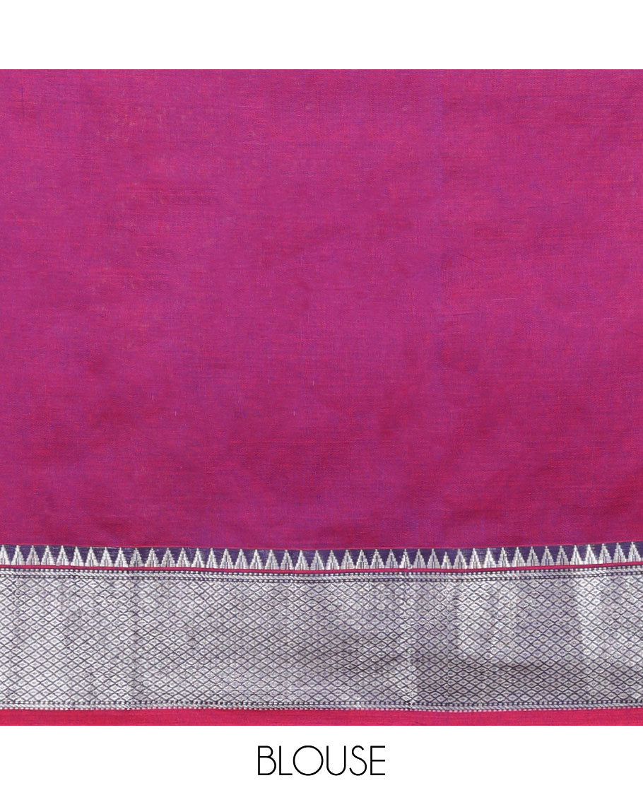 Violet half saree with self zari design border, zari design blouse & plain, temple, checked design border dhavani