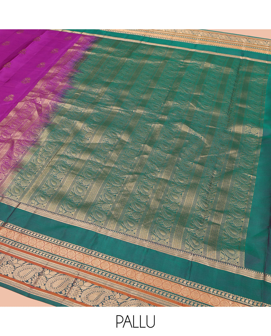 Rani Pink Vasundhara Lite Silk Mix Saree,Adorned with Floral Zari Buttas, Complemented by a Contrast Rettai Pettu Border of Rekku, Diamond, Manga, Neli, Chakram, Banaras, and Arumbu Manga Designs, Gandly Zari-Woven Pallu, and Paired with a Contrast Blouse