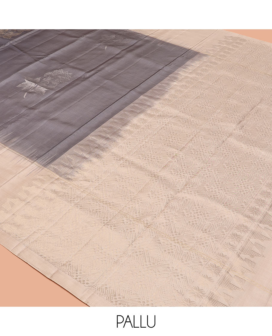 Grey Mayuri Soft Silk Saree, Elevated with Zari Buttas All Over Its Body, Complemented by Contrast Border, Intricately Designed Pallu, and Paired with a Contrast Blouse