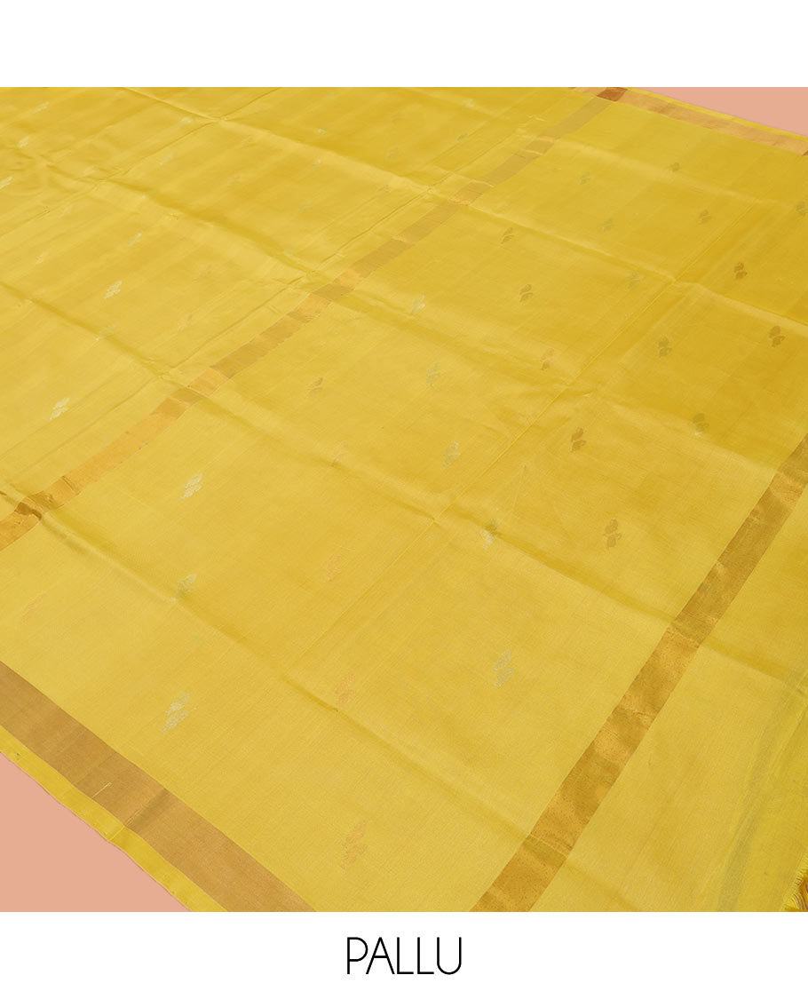 Yellow Uppada Silk Saree, Sparsely Woven with Buttas All Over Its Body, Subtle Bavanji Border, Pallu Steeped with Paisley Buttas, and Paired with a Matching Blouse