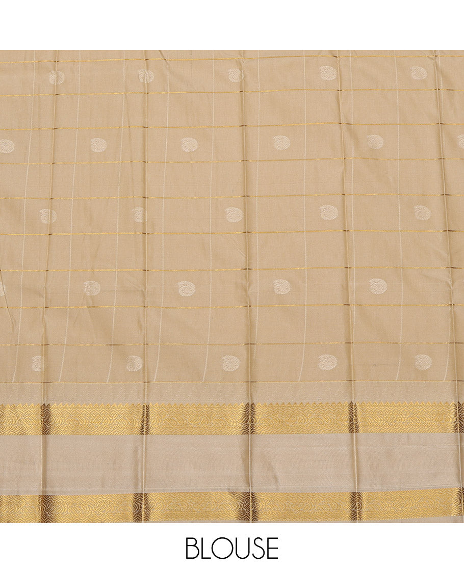 Purple Budget Silk Saree, Woven with Zari Butta Enclosed Checked Design on Its Body, Complemented by a Contrast Traditional Zari Design Rettai Pettu Temple Border, Pallu of Jaal Designs, and Paired with a Contrast Blouse