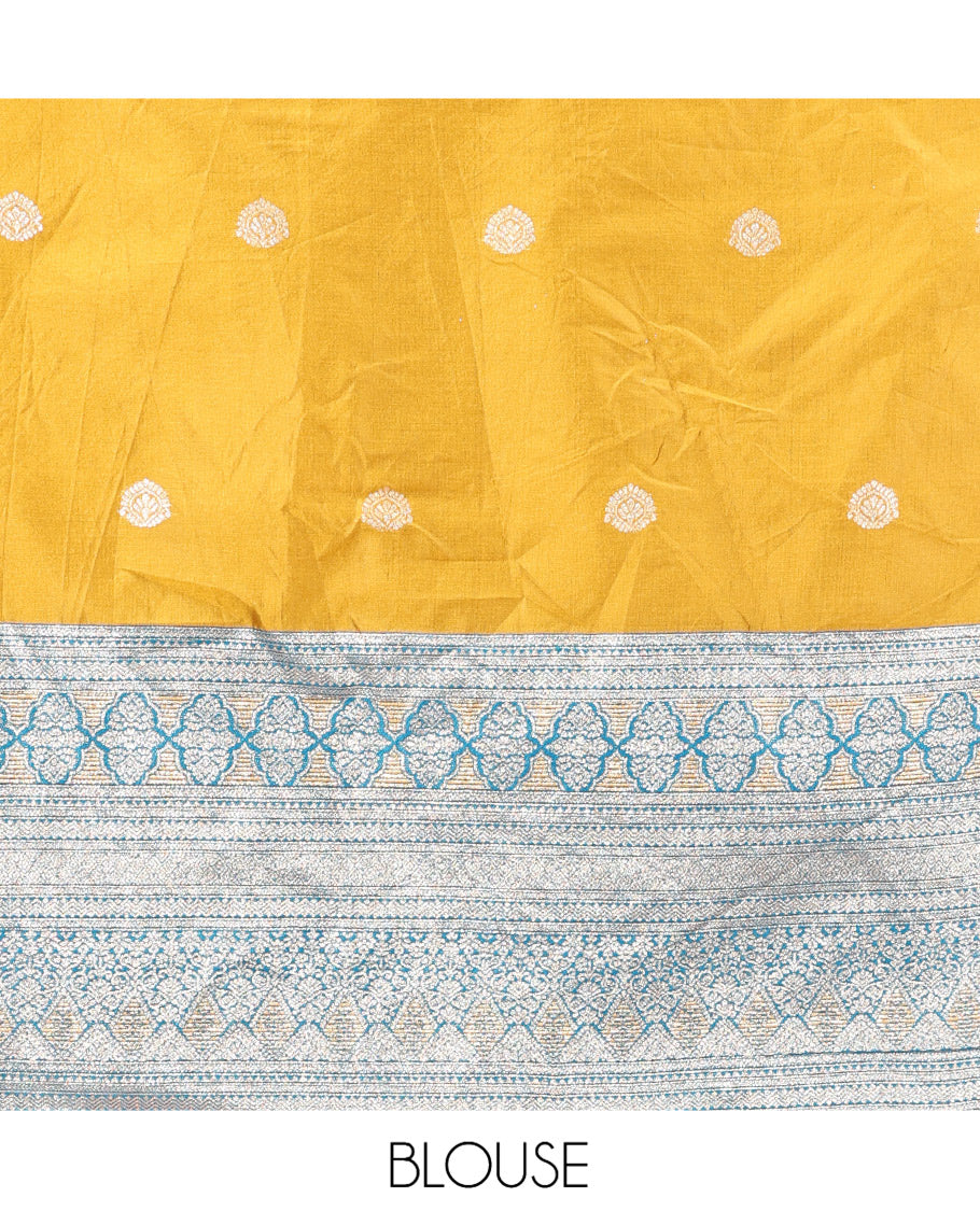 Mustard-Blue Banarasi Half-Saree, Elevated with Zari Buttas, a Contrast Traditional Zari Border, a Matching Blouse, and a Contrast Dhavani