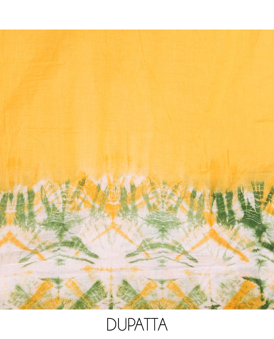 Cream with yellow chudidhar material pure cotton batik print top with cotton pants & double side hand print dupatta