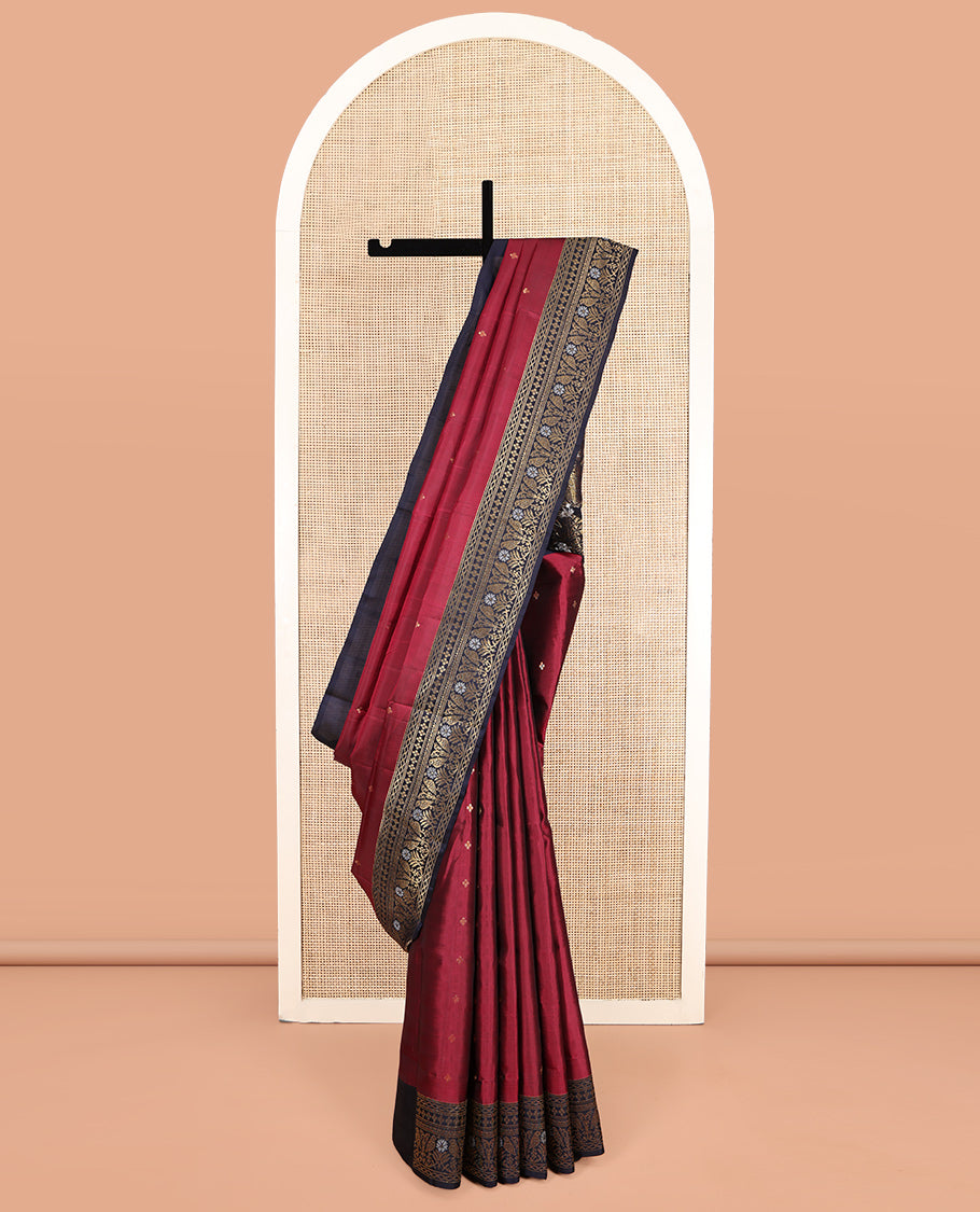 Red Mayuri Soft Silk Saree, Adorned with Zari Buttas, Complemented by a Contrast Floral-Bird Border, Pallu of Floral Design, and a Contrast Blouse