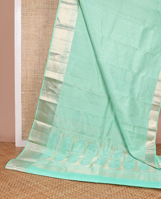 Sea green floral design kancheepuram silk saree with self border of banaras, muthu, paun design & floral pallu