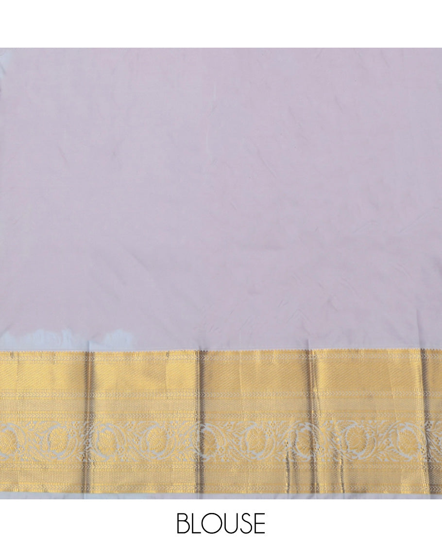 Red Budget Silk Saree, Accentuated with Zari Buttas and Stripes, a Contrast Traditional Zari Border, Grand Pallu, and a Contrast Blouse