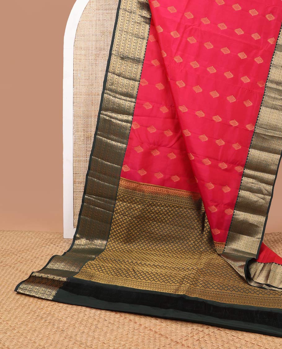 Red geometric design vasundhara elite silk saree with contrast taditional zari design border & leaf design pallu