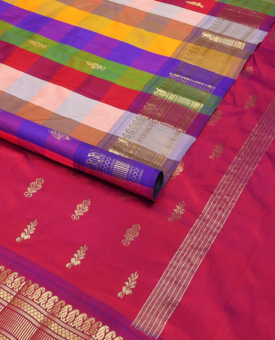 Multi-color checked, floral design kancheepuram silk saree with contrast border of paisley, banaras design & zari design pallu