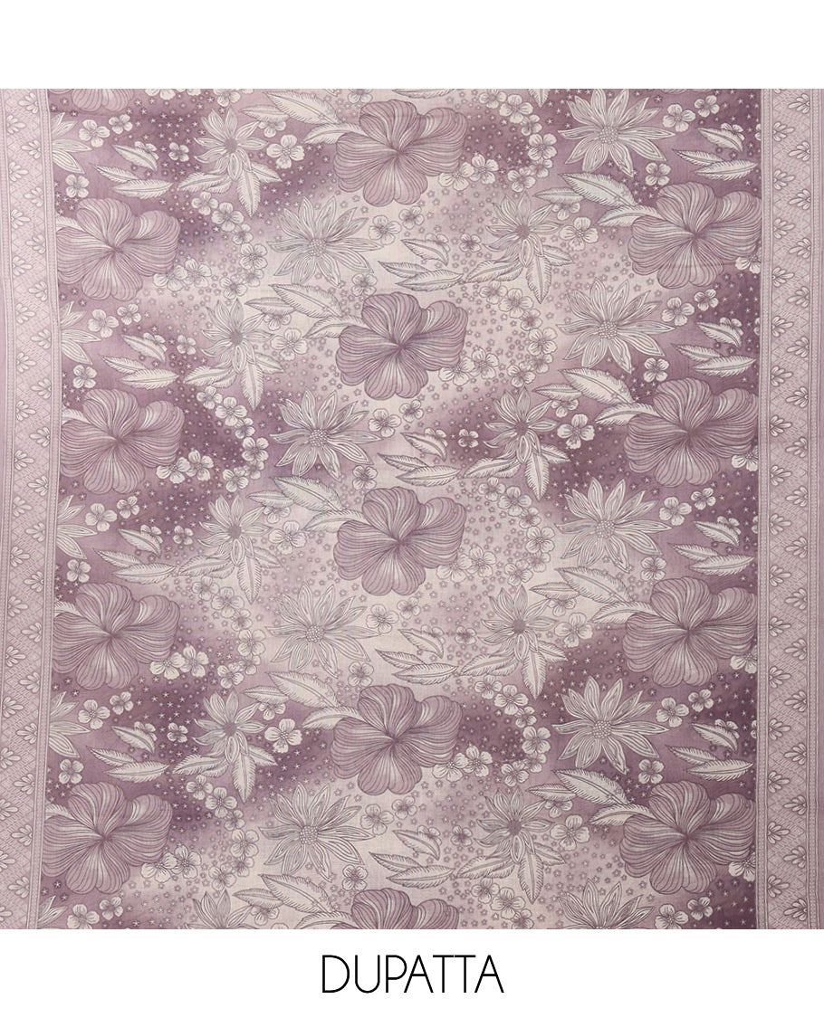 Lavender cotton chudidar material set,floral print & neck sequin embroidery top,stripes printed bottom & floral printed dupatta