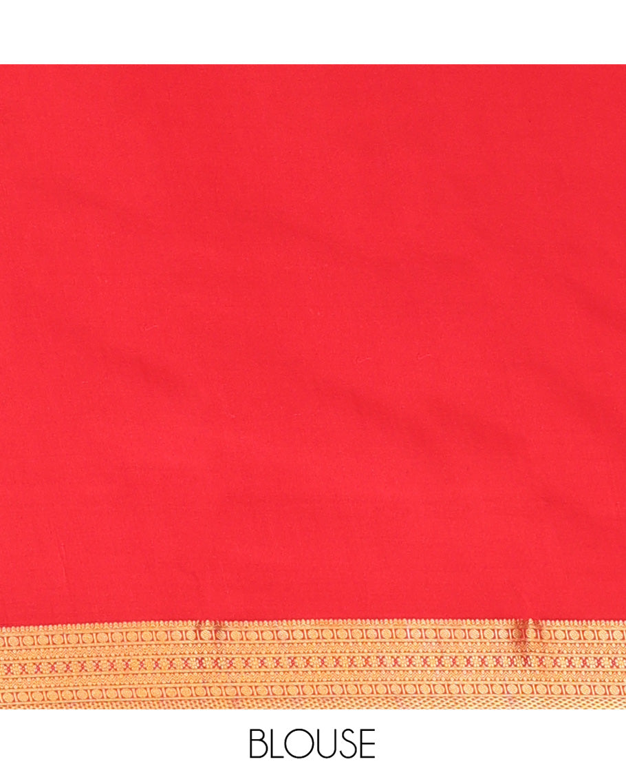 Brown Mysore Silk Saree, Spotlighted By Geometric Zari Designs All Over Its Body, Complemented by Captivating Contrast Border of Traditional Zari Designs, Gleaming Zari Striped Pallu, and Paired with a Contrast Blouse