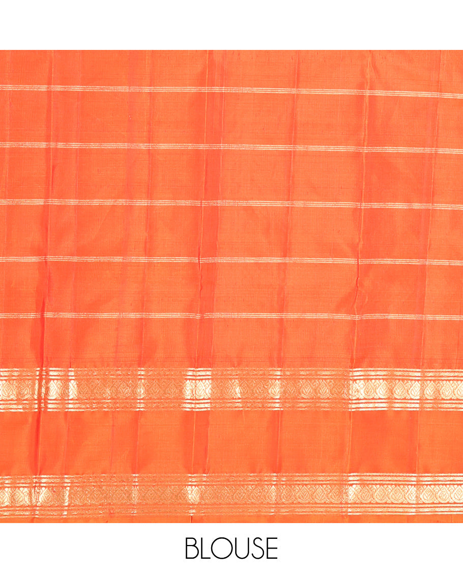 Blue Kanchipuram Silk Saree, Gleamed Up with Butta Enclosed Checks, Complemented by a Contrast Rettai Pettu Zari Border, Grand Pallu, and a Contrast Blouse