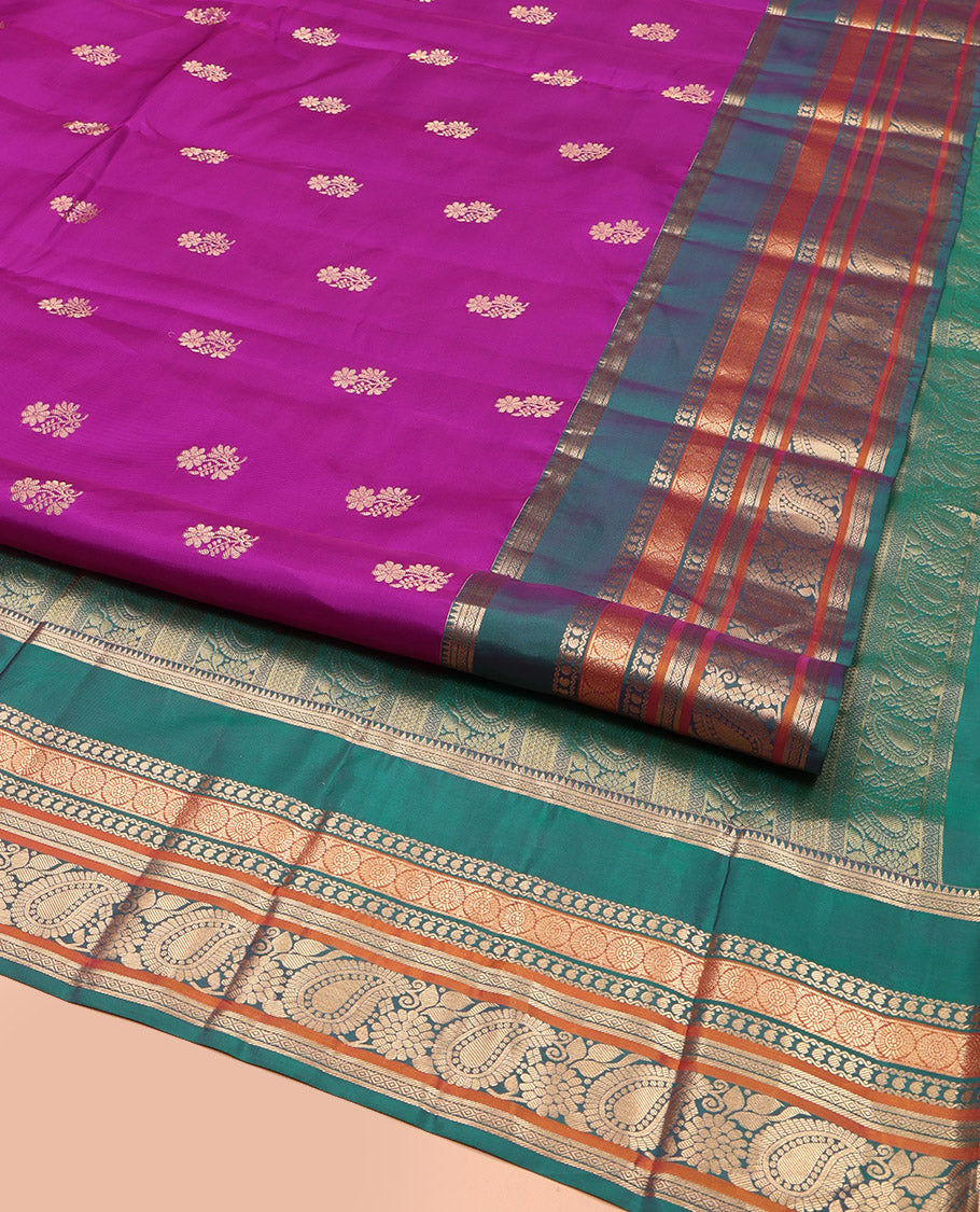 Rani Pink Vasundhara Lite Silk Mix Saree,Adorned with Floral Zari Buttas, Complemented by a Contrast Rettai Pettu Border of Rekku, Diamond, Manga, Neli, Chakram, Banaras, and Arumbu Manga Designs, Gandly Zari-Woven Pallu, and Paired with a Contrast Blouse