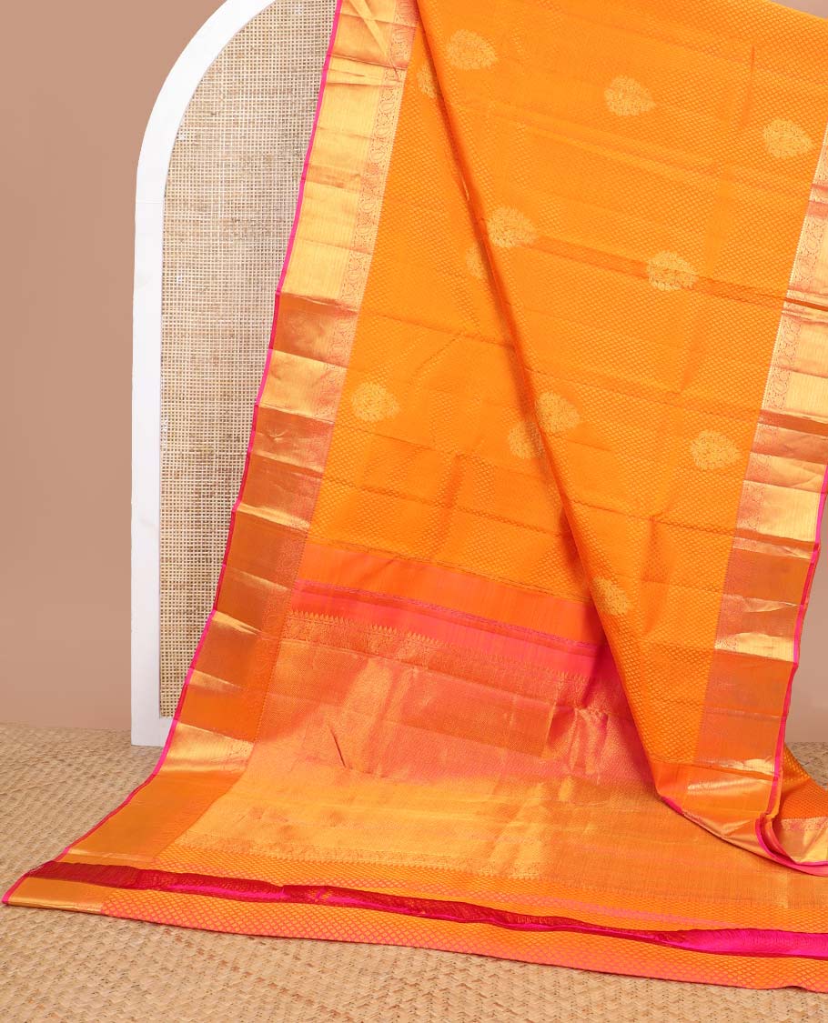 Orange floral jaal design silk saree with contrast border of rekku, muthu, manga, banaras design & zari design pallu