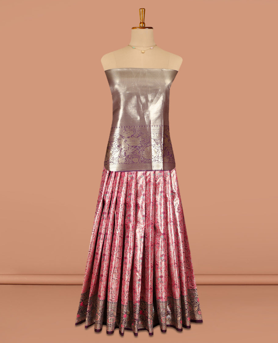 Pink Jacquard Art Silk Pavadai Material, Beautified with Contrast Traditional Border, Contrast Blouse