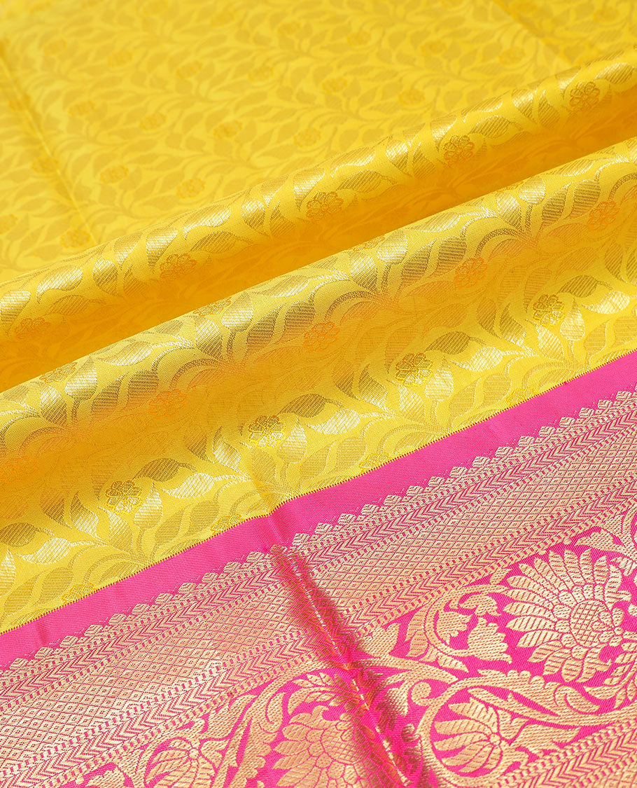 Yellow floral vine design silk half saree with contrast border of thilakam mokku, muthu, kathir, kuyil kann, kodi visiry design, zari design blouse & floral design dhavani