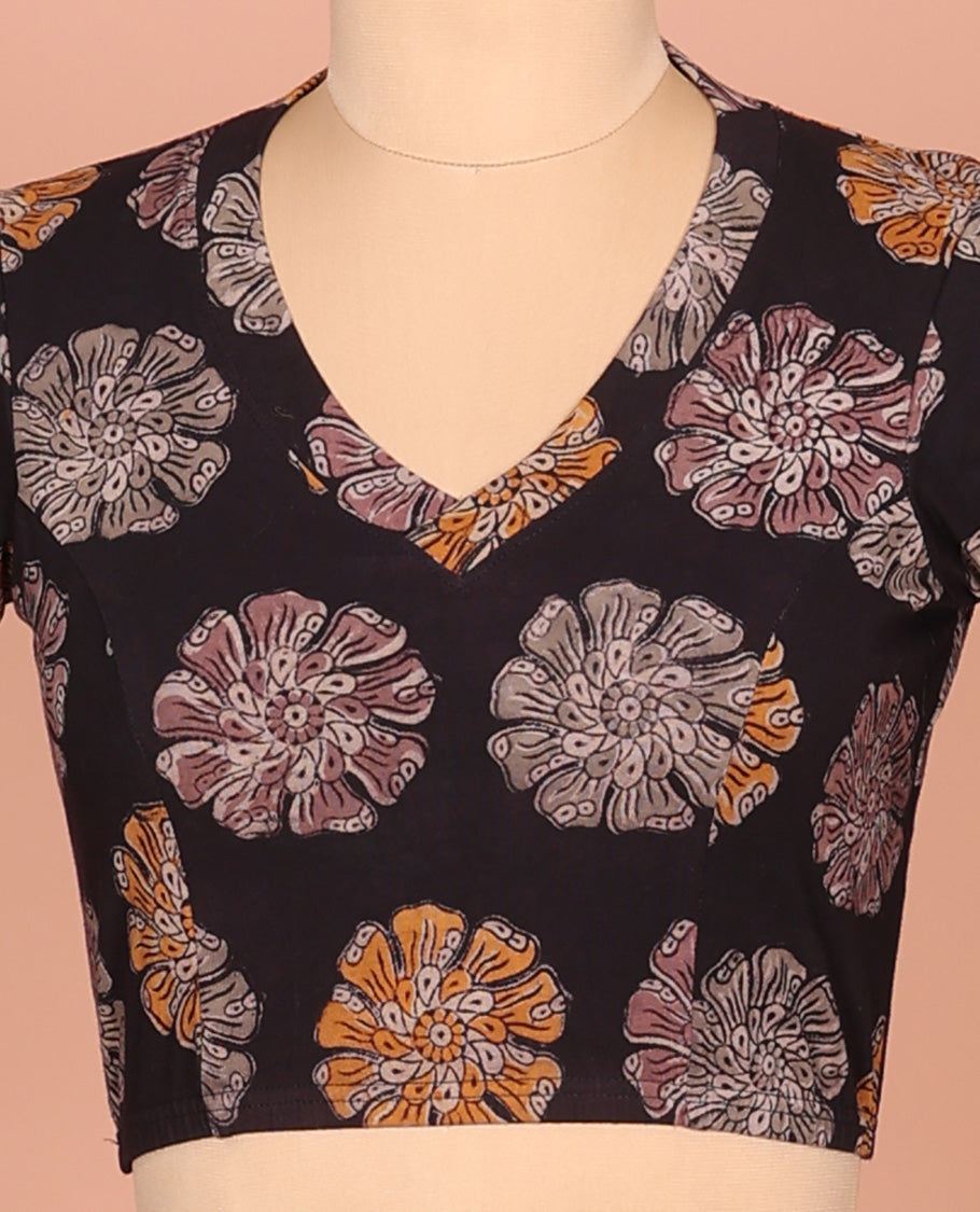 Black Cotton Readymade Blouse Enlivened with All-Over Flower Motifs Print, Featuring a Front Leaf-Neck, a Closed Back-Neck, and Elbow Sleeves