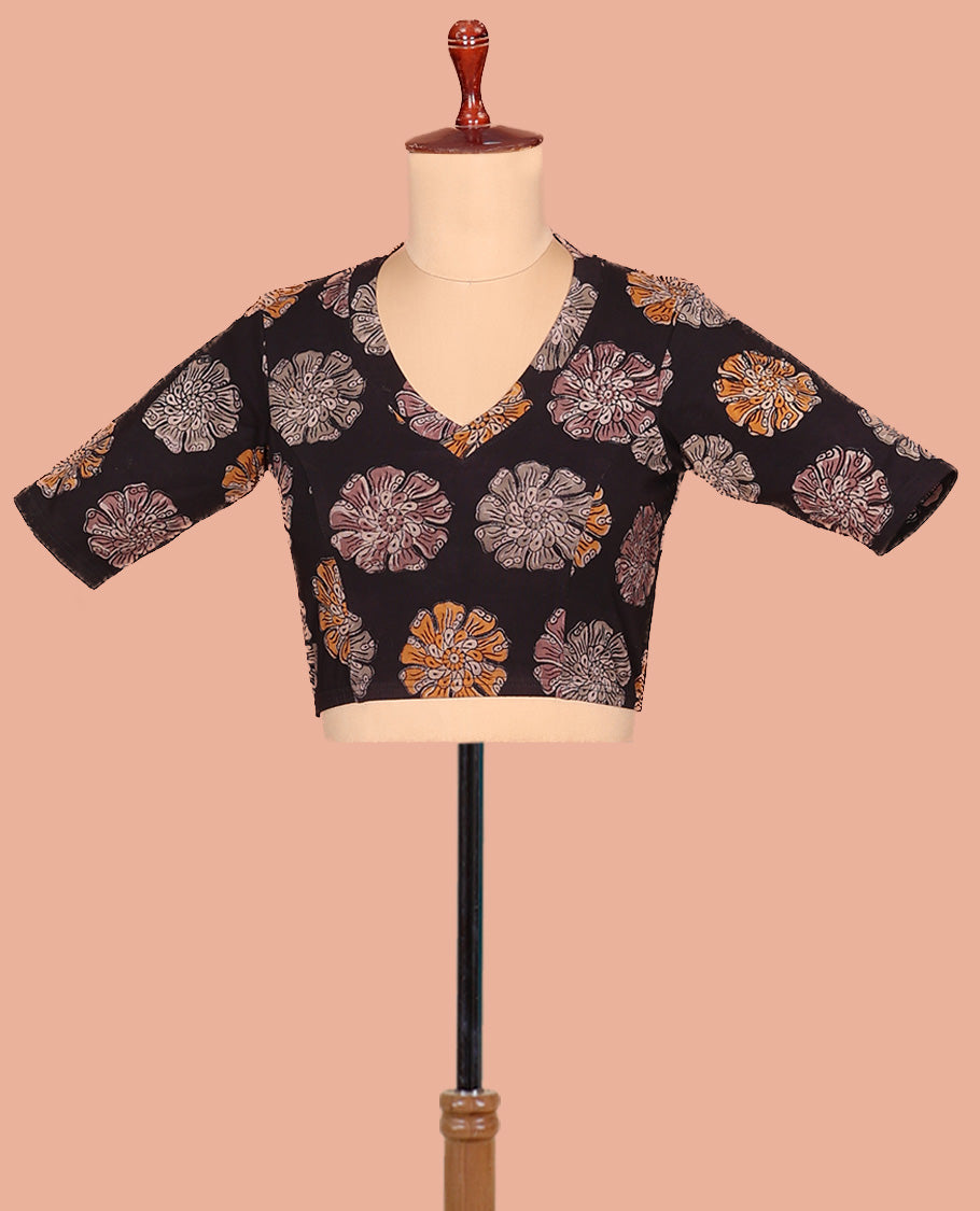 Black Cotton Readymade Blouse Enlivened with All-Over Flower Motifs Print, Featuring a Front Leaf-Neck, a Closed Back-Neck, and Elbow Sleeves