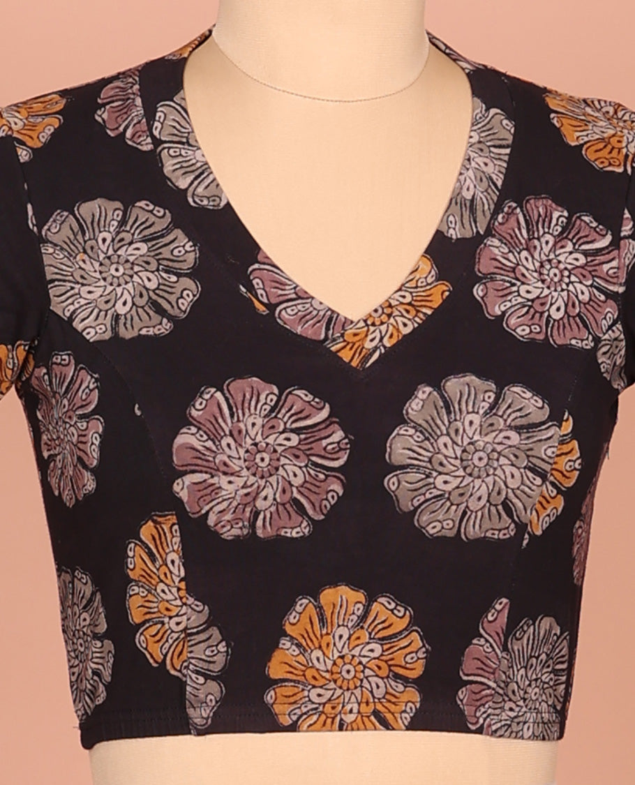 Black Cotton Readymade Blouse Enlivened with All-Over Flower Motifs Print, Featuring a Front Leaf-Neck, a Closed Back-Neck, and Elbow Sleeves