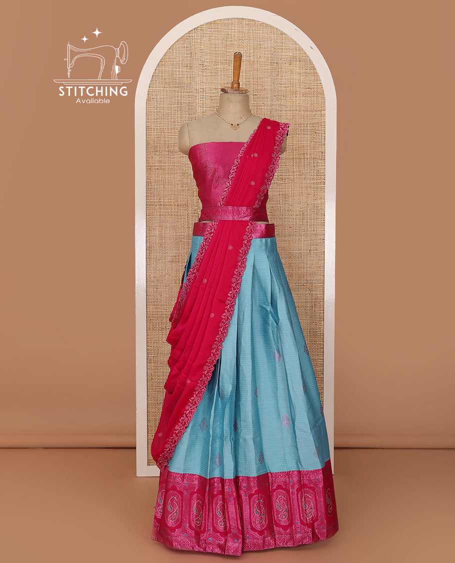 Blue lehenga set, embossed & zari buttas with contrast Mughal motifs stone work border skirt, jacquard embroidered blouse & floral embroidered scallop border dhavani with belt