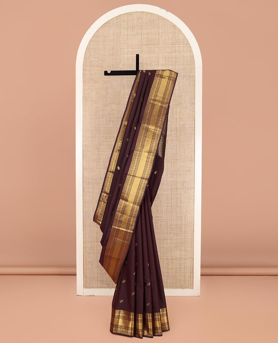 Coffee Brown Budget Silk Saree, Elevated With Zari Buttas All Over Its Body, Highlighted By Traditional Zari Designs Woven Border, Grand Jaal Pallu and Paired with a Matching Blouse