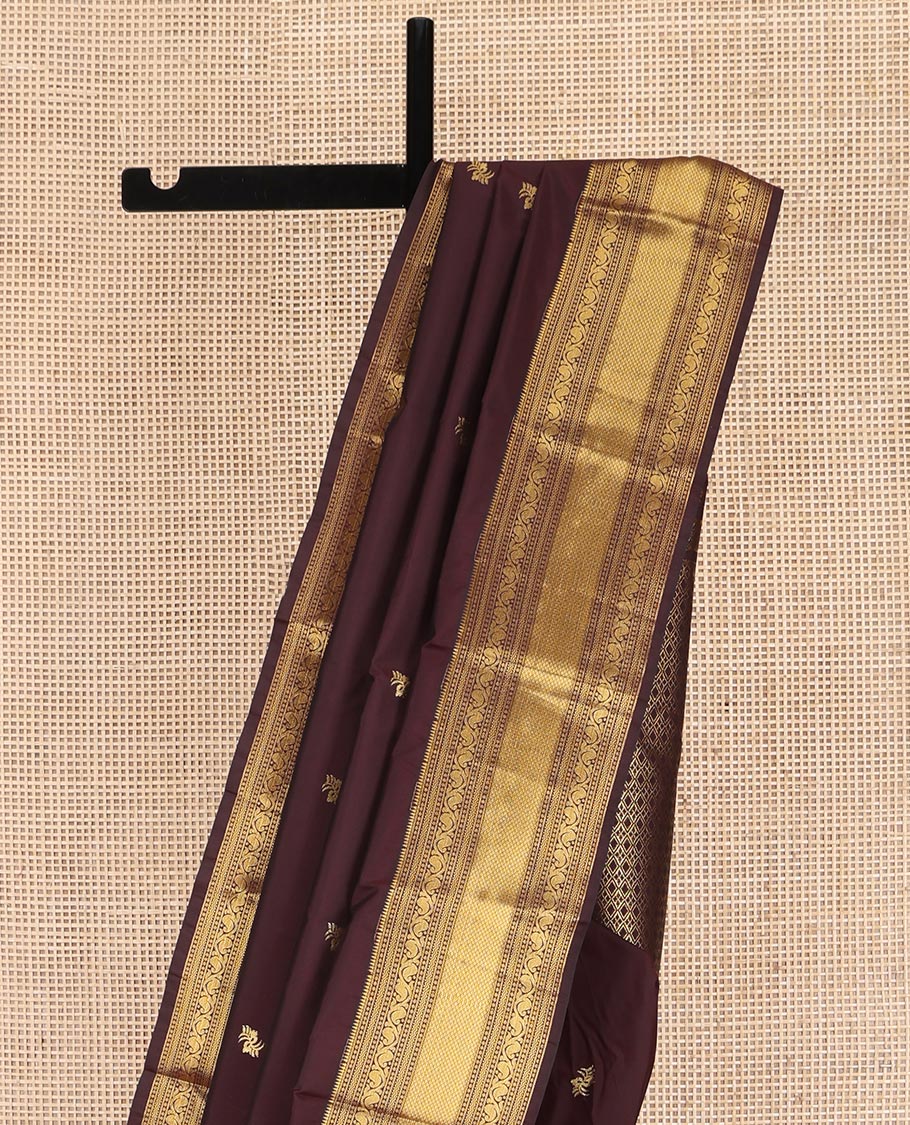 Coffee Brown Budget Silk Saree, Elevated With Zari Buttas All Over Its Body, Highlighted By Traditional Zari Designs Woven Border, Grand Jaal Pallu and Paired with a Matching Blouse