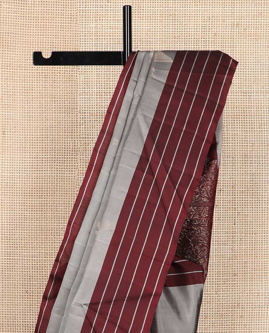 Grey zari buttas silk mix saree, contrast striped border & pallu of floral designs