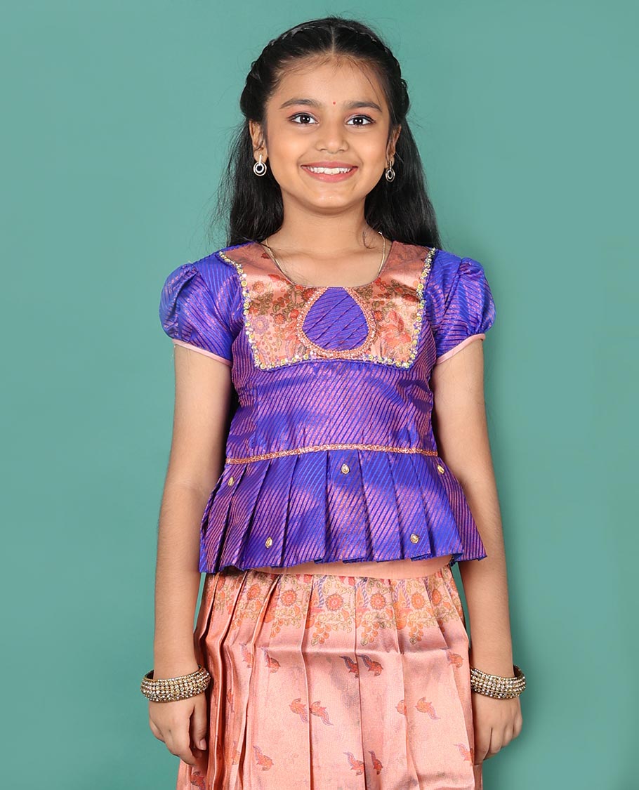 Peach art silk pavadai Readymade set, jacquard with contrast traditional zari border skirt, and contrast neck embroidered puff-sleeve blouse