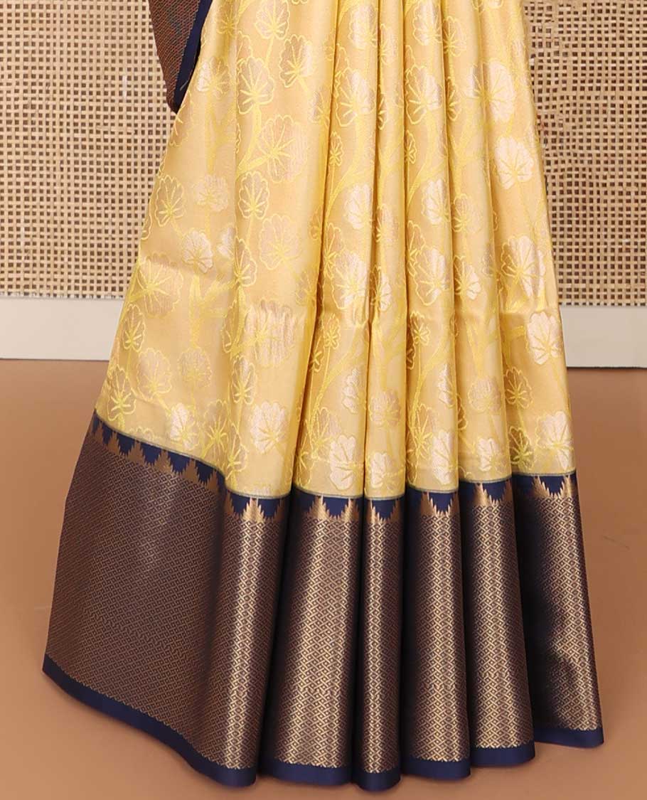 Sandal floral motifs soft silk saree with contrast checked, temple border & floral design pallu