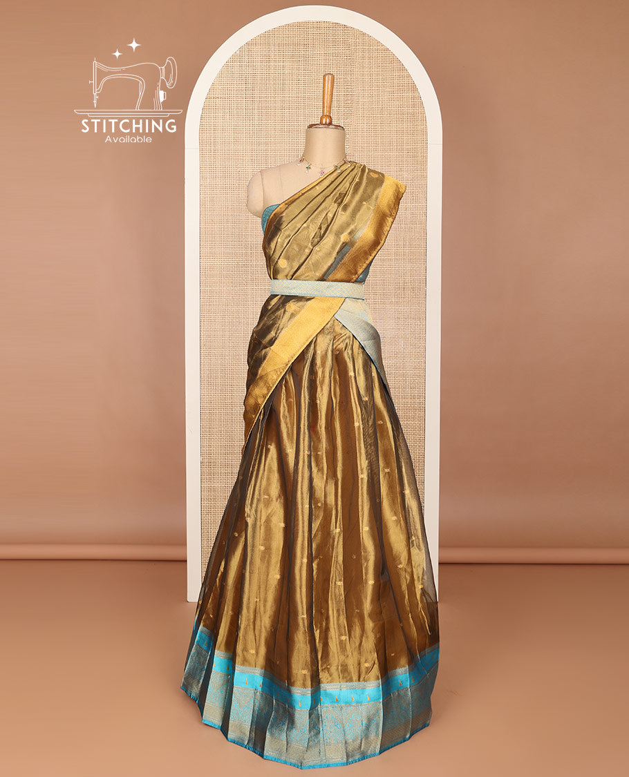 Brown buttas art silk half saree with contraast intricate zari border, zari design blouse & floral design dhavani