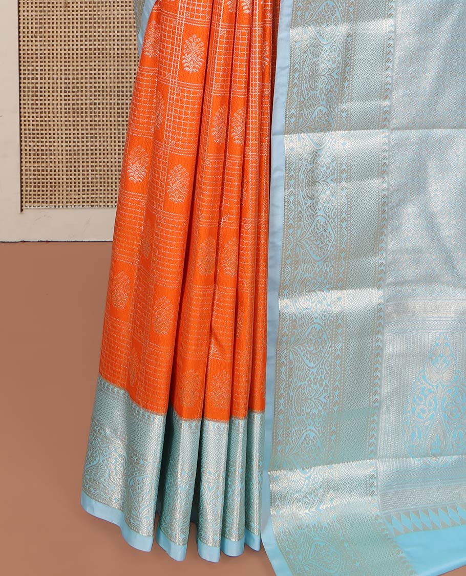 Orange Budget Silk Saree, Richly Detailed with Jacquard Design on Its Body, Complemented by a Contrast Traditional Zari Design Border, Opulently Embellished Pallu, and Paired with a Contrast Blouse