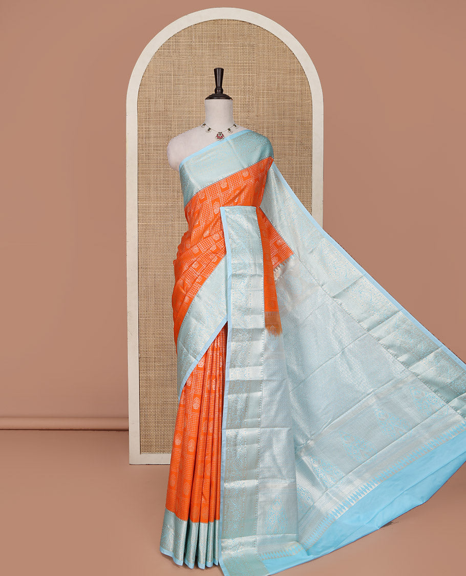 Orange Budget Silk Saree, Richly Detailed with Jacquard Design on Its Body, Complemented by a Contrast Traditional Zari Design Border, Opulently Embellished Pallu, and Paired with a Contrast Blouse