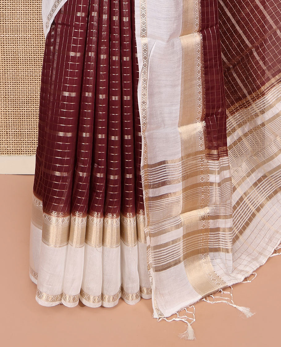 Maroon Assam Silk Saree Featuring Zari Checks, Complemented by a Contrast Traditional Zari Border, Intricate Pallu, and a Contrast Blouse
