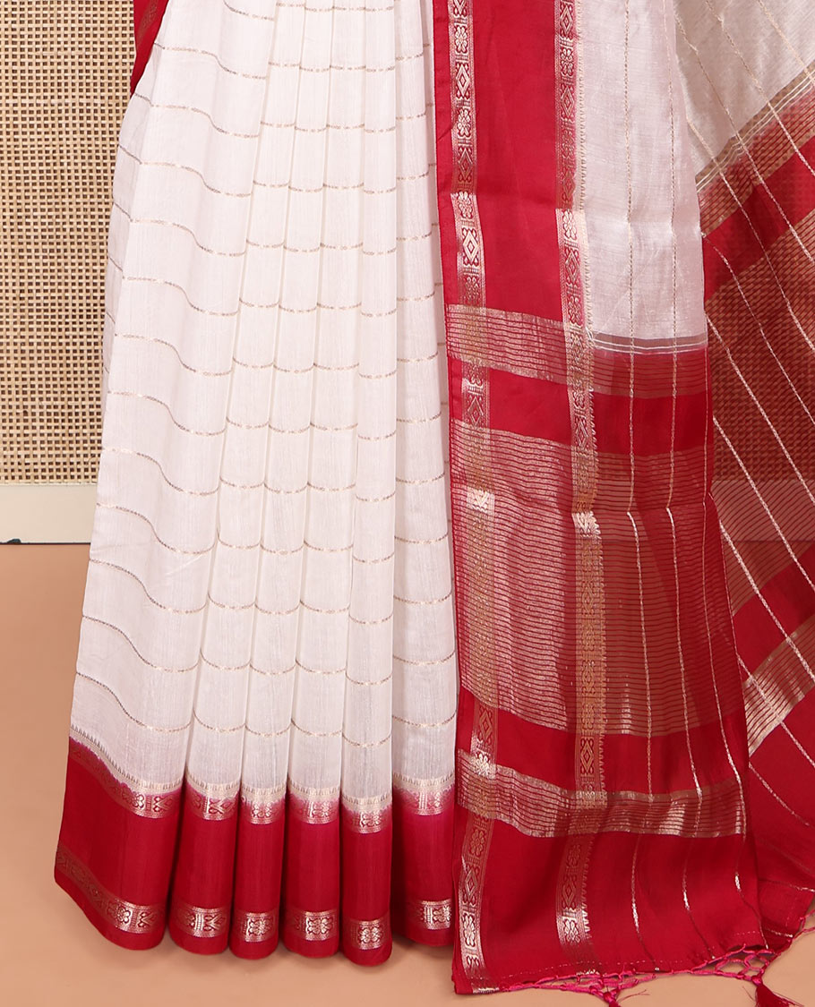 White Assam Silk Saree, Mesmerized with Zari Stripes, Complemented by a Contrast Zari Traditional Border, Zari-Striped Pallu, and a Contrast Blouse