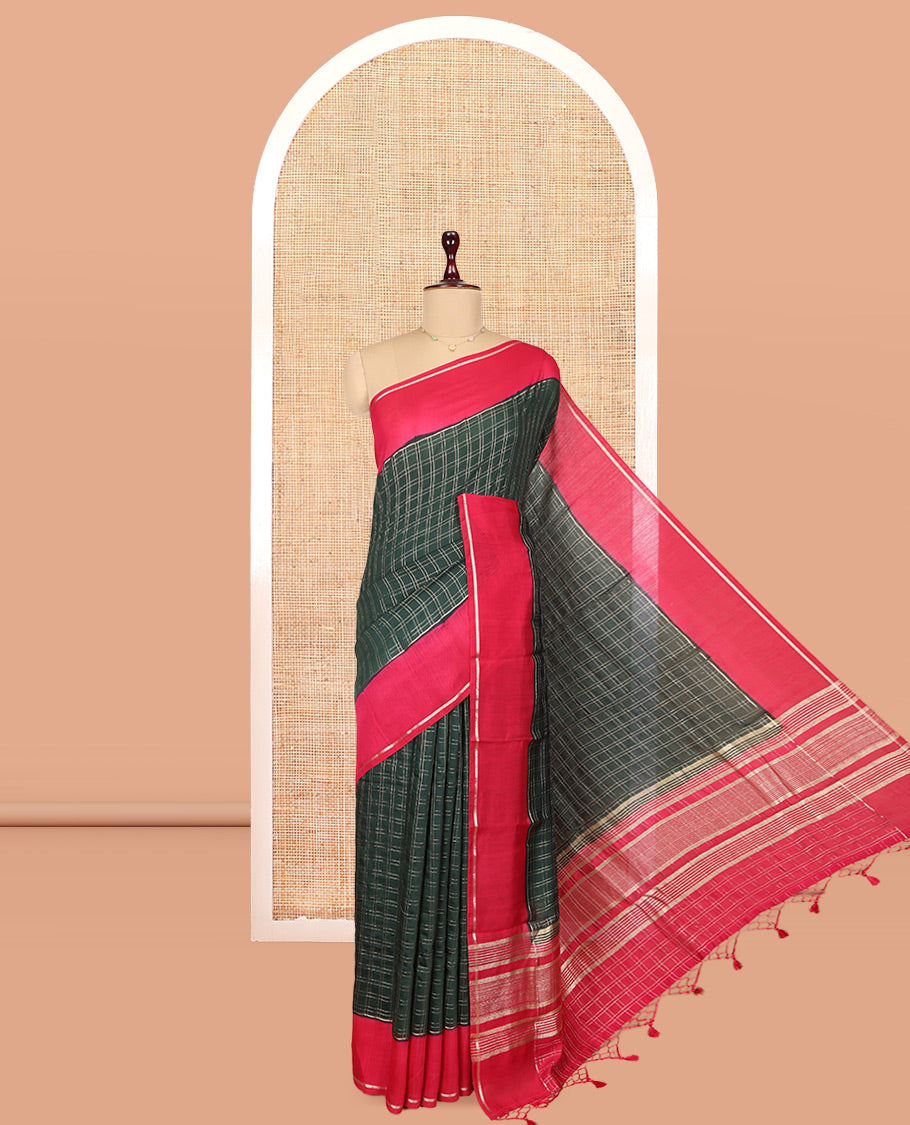 Green Assam Silk Saree, Featuring Zari Checks, Complemented by Contrast Zari Border, Zari Woven Pallu, and Contrast Blouse