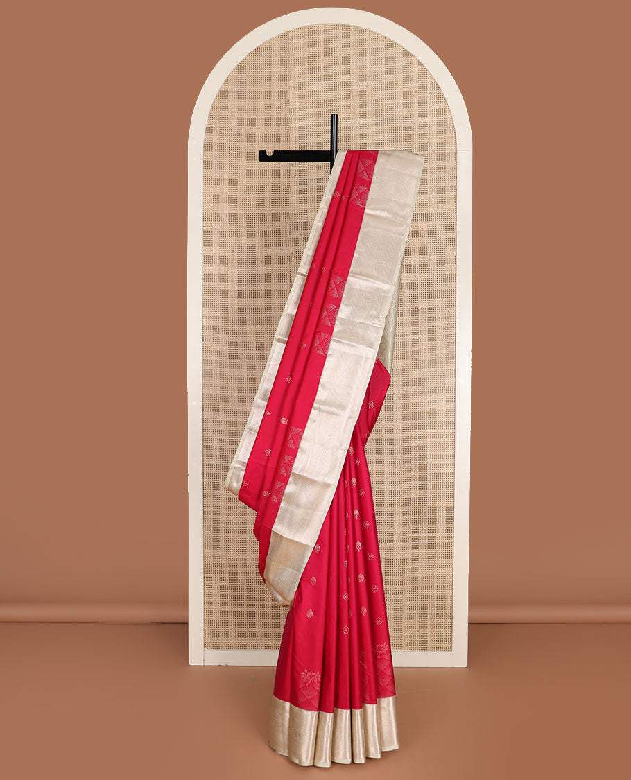 Red zari buttas gift saree, contrast traditional zari design border, and ogee patterned pallu