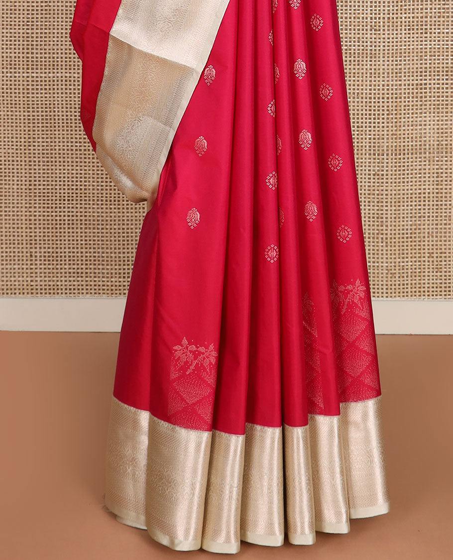 Red zari buttas gift saree, contrast traditional zari design border, and ogee patterned pallu
