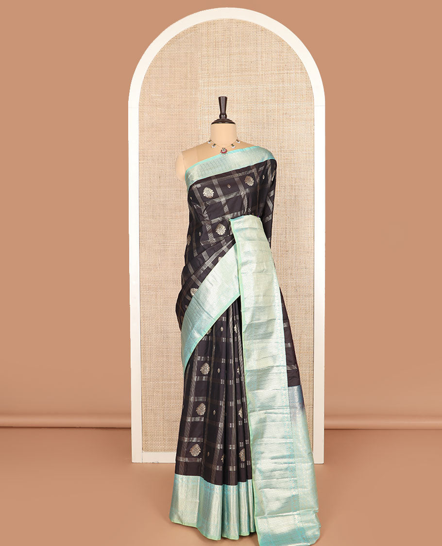 Black zari buttas and checked budget silk saree, contrast traditional zari border, and intricate pallu
