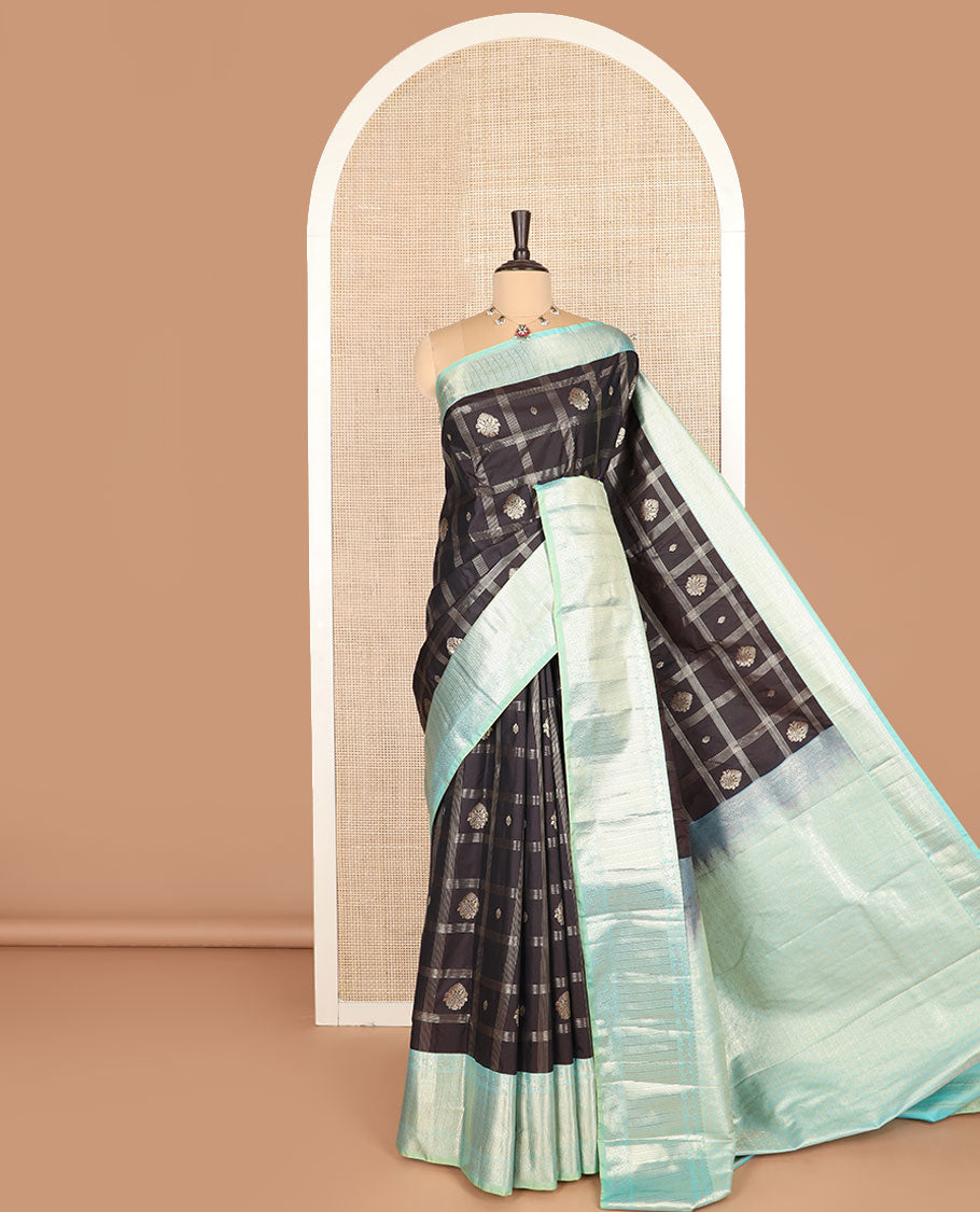 Black zari buttas and checked budget silk saree, contrast traditional zari border, and intricate pallu