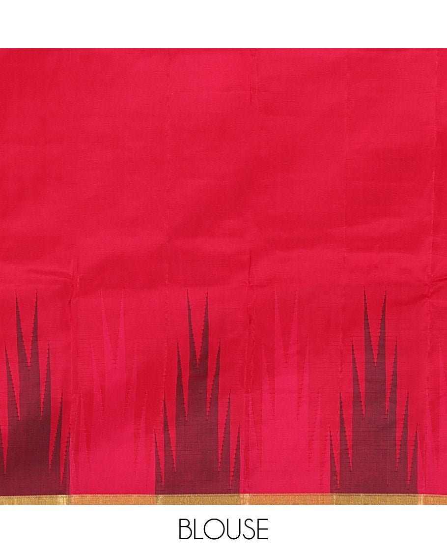 Orange plain Bangalore silk saree, contrast temple zari piping border, and temple design pallu