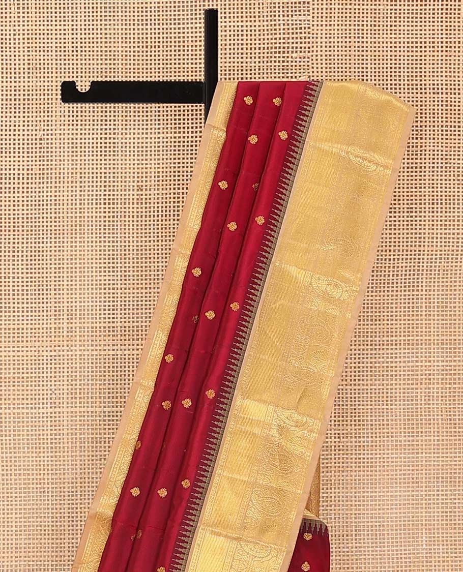 Maroon buttas Bangalore silk saree, contrast temple traditional zari border, and pallu of jaal designs