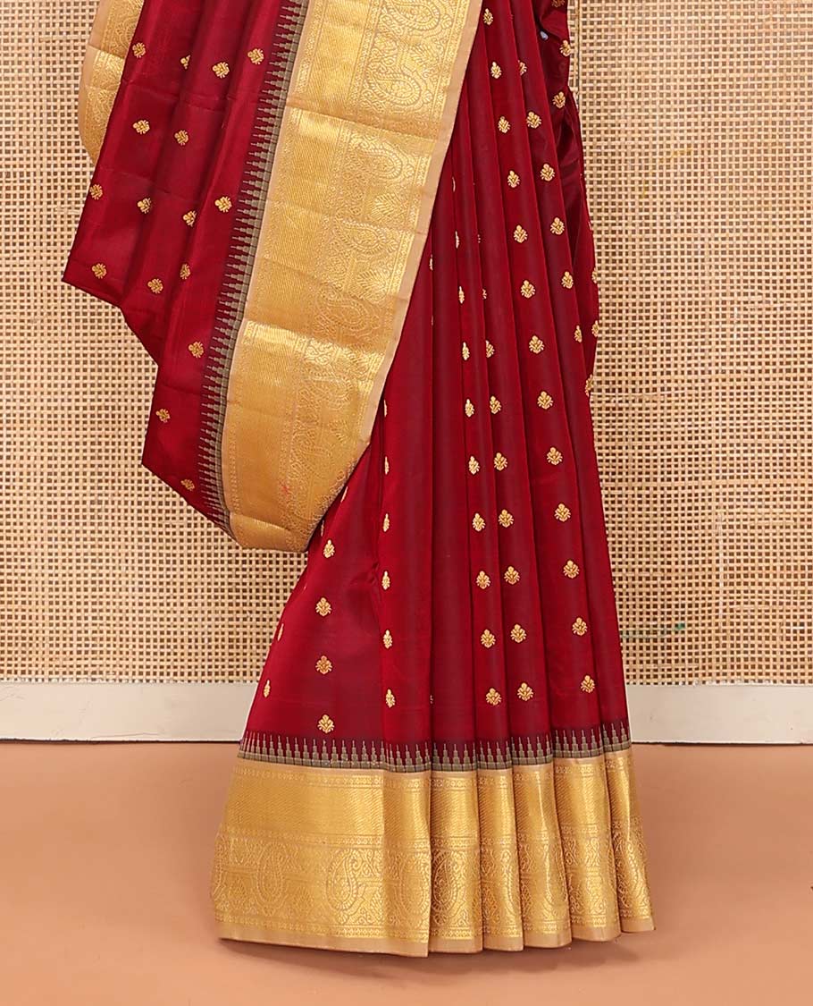 Maroon buttas Bangalore silk saree, contrast temple traditional zari border, and pallu of jaal designs