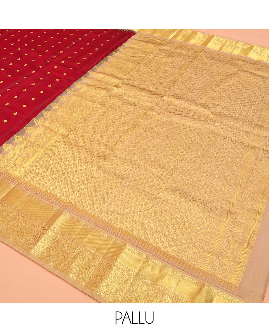 Maroon buttas Bangalore silk saree, contrast temple traditional zari border, and pallu of jaal designs