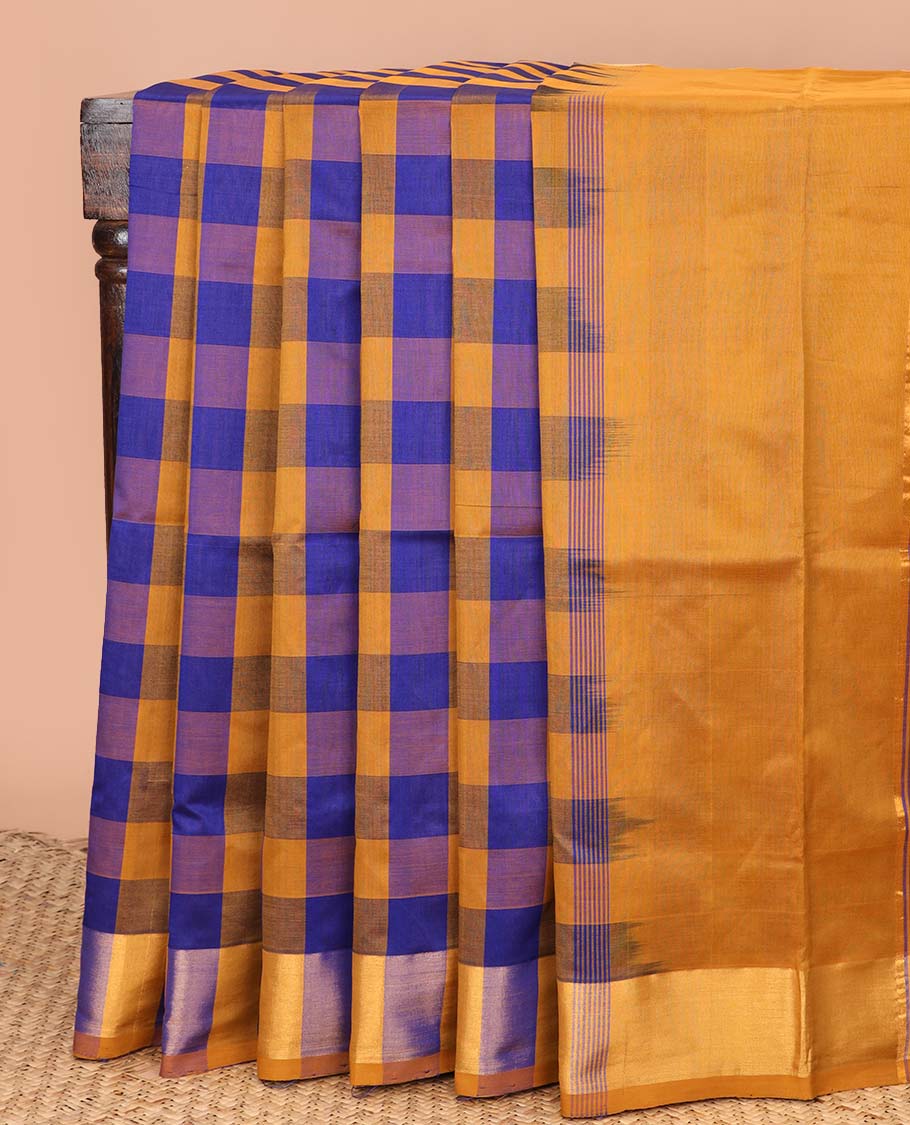 Multi-color checked design poly cotton saree, zari border, and contrast zari striped pallu