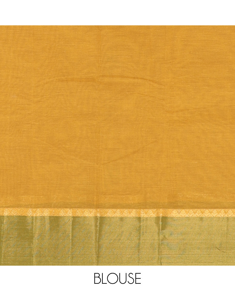 Yellow unique motifs kanchi cotton saree, contrast zari border and pallu of leaf creeper and manga patterns
