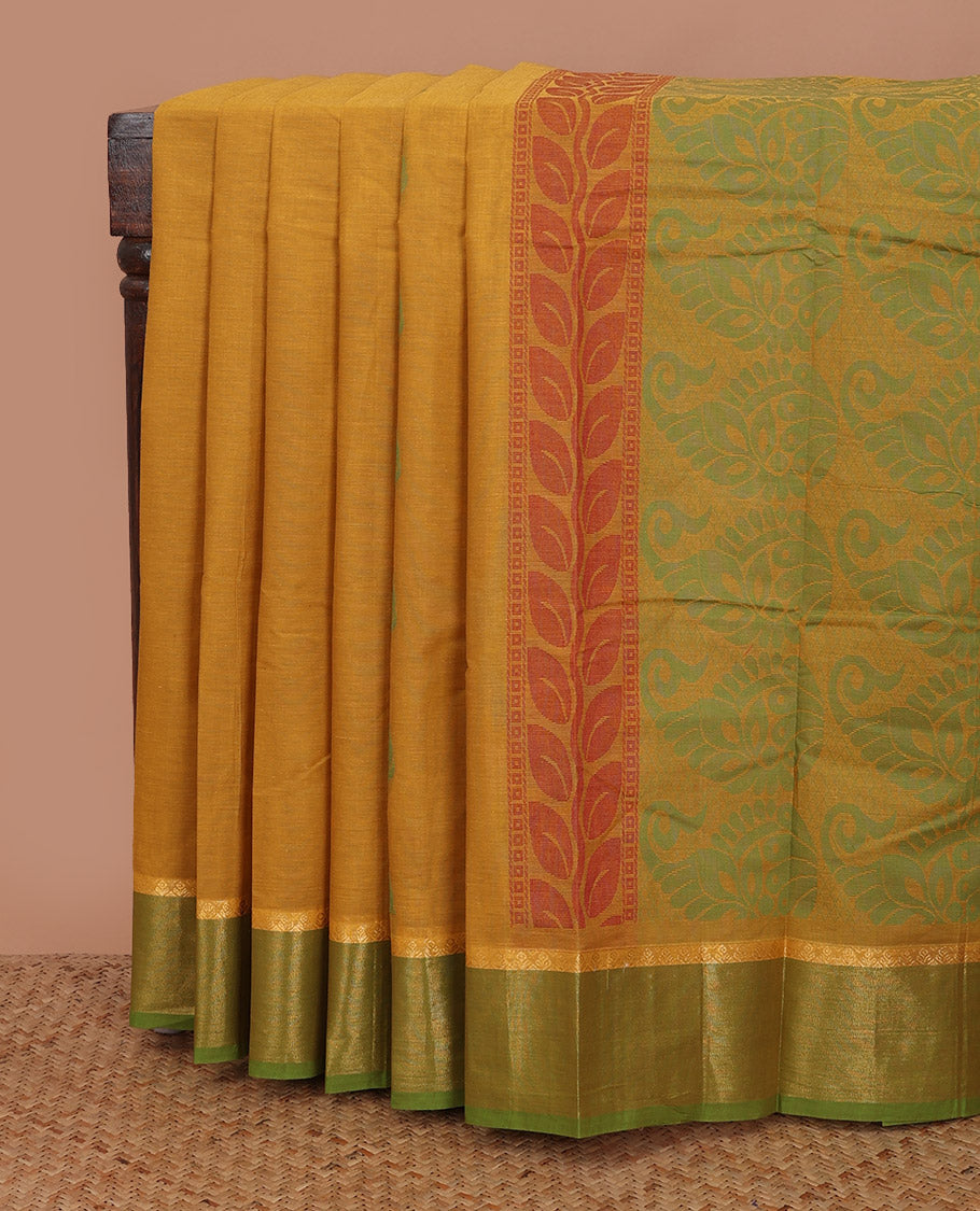 Yellow unique motifs kanchi cotton saree, contrast zari border and pallu of leaf creeper and manga patterns